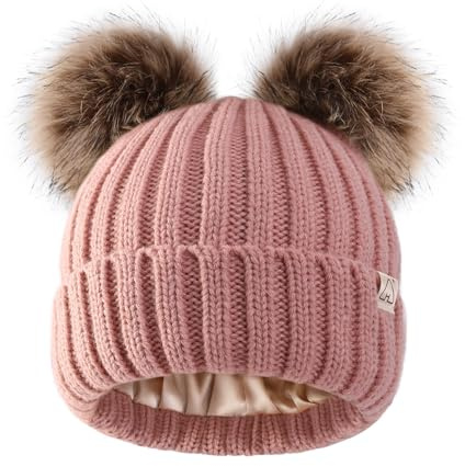 Hat Hut Satin Lined Beanie for Baby Winter Hats for Kids Toddler Double Bobble Hat Pom Pom Beanie for Boys Girls (B3-Pink 2 Poms)