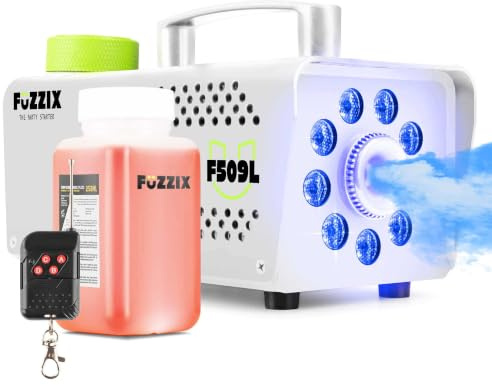 Fuzzix F509LW Nebelmaschine Mini mit LED Lichteffekt und 250ml Nebelfluid, 500 Watt mit Fernbedienung, Rauchmaschine Party, Smoke Machine mit 9 LEDs RGB für Hochzeiten, Halloween, Partys, Bars, Weiß