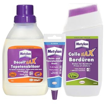 Metylan Bordüren Klebstoff, für Bordüren aus Papier, Gewebe, Metall (1x250g) & Metylan Naht- und Reparaturkleber (1x60g) & Metylan Tapetenablöser Aktiv-Konzentrat (1x0,5l)