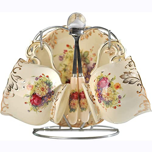 HUAMu Keramik-Teetassen und Untertassen-Set, Vintage Gänseblümchen aus elfenbeinfarbenem Porzellan mit goldenen Blättern, Teetassen, 220 ml, 2er-Set mit Ständer