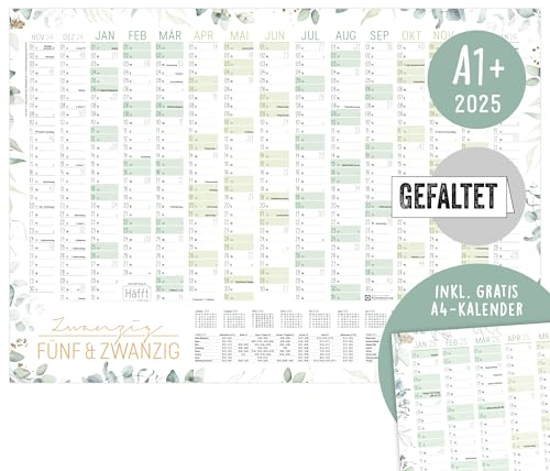 Häfft® XXL Wandkalender 2025 groß A1+ (63 x 89 cm) Blattgold 15 Monate Nov 2024 - Jan 2026 + gratis A4-Jahresplaner, Wandplaner Jahreskalender gefalzt - nachhaltig & klimafreundlich