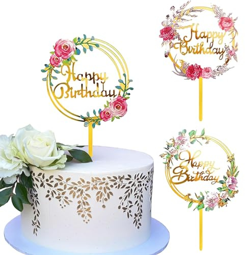 Happy Birthday Cake Topper - 3Pcs Flowers Cake Toppers for Women Acrylic Cake Decorations Cupcake Topper for Birthday Party Wedding Cake Decoration