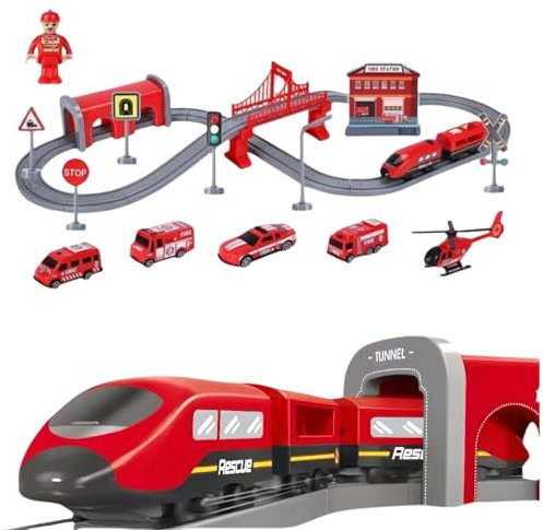 BASAMOU Tren Electrico Juguete Niños 3 4 5 6 7 8 Años, 66 Piezas Tren Juguete con Coches y Accesorios de Vías, Flexibles Pista de Coches, Regalos Niños para Cumpleaños/Navidad(Rojo Camión de Bomberos)