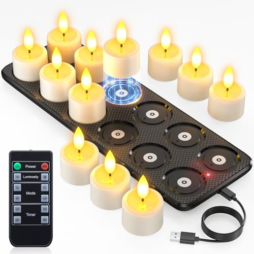 Yme Wasserdicht Teelichter LED Aufladbar mit Magnet Ladestation, 12er Set | Aufladbare LED Teelichter Wiederaufladbar Kerzen mit Fernbedienung Timer für Wohnzimmer Halloween Weihnachten Party Deko