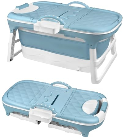 TANYEAR Badewanne Faltbare Erwachsene Klappbadewanne, 118 x 62 x 52 cm Tragbare Bathtub mit Abnehmbar Abdeckung Massagerollen, für Badezimmer, Blau