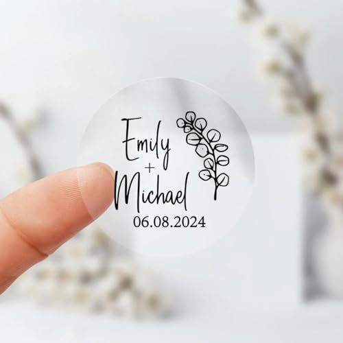 100 Stück personalisierte runde transparente Aufkleber für Hochzeitsfeier, Einladungen, Dankeskarten, Umschläge, selbstklebend, für Gläser, Tassen, Flaschen, personalisierte Aufkleber