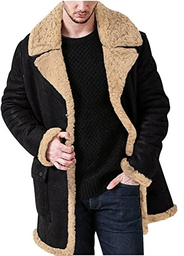 Mens Suede Leather Jacket Faux Fur Sherpa Fleece Lined Trucker Jacket Sheepskin Winter Trench Coat Warm Thick Outwear Fluffy Lapel Motorcycle Cargo Work Jacket Overcoat for Men UK