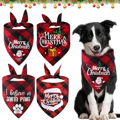 Hundehalstuch Weihnachten,4 Stücke Weihnachten Haustier Bandana Schal | Halstuch Hund Weihnachten,Classic Plaid Dreieck Lätzchen,für die Weihnachtsdekoration von Hunde Katzen