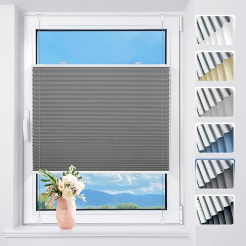 TFSKY Plissee ohne Bohren Verdunkelung Klemmfix Grau B90 x H230 cm