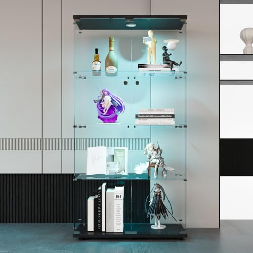 Vitrin av glas, hyllskåp, golvförvaring, transparent, modernt vitrinskåp, för bar, vardagsrum, sovrum, kontor (svart, 4 våningar, 2 LED-dörrar, 164 x 80 x 36 cm)