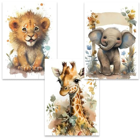 3 Bilder Kinderzimmer Jungen Tiere 30X40CM Poster Safari Babyzimmer Elefant Giraffe Löwe Bilderwand Kinder Baby Leinwand Waldtiere Bilder Kinderzimmer Dschungel Jungle Poster Kinder ohen Rahmen