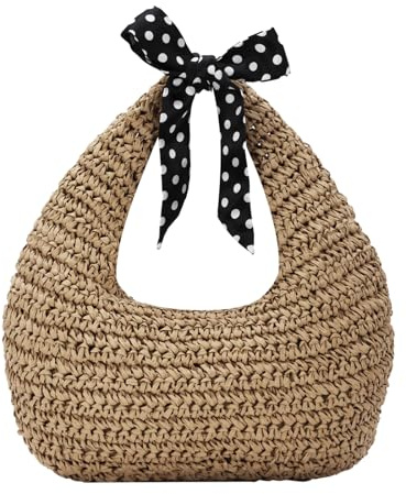 Ynport Crefreak Frauen Geknotete Stroh Handtasche Sommer Strandtasche Gewebte Abendhandtasche Runde Boho Stroh Clutch Tasche Geldbörse für Urlaub Dating Strand
