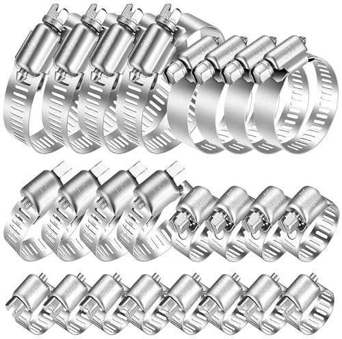 WEDEHE 20 Pcs Hose Clips Set, Adjustable Small Hose Clamp 304 Stainless Steel, 6-38mm Range Assorted Pipe Clips, 6-12/10-16/13-19/16-25/21-38mm, Tube Clamp for Pool, Pond and Garden