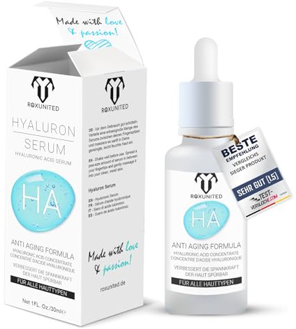 ROXUNITED Hyaluron Serum 30 ml – Hochkonzentriertes Anti-Aging Feuchtigkeitsserum, Vegan & Hormonfrei, Für Straffe Haut und Sichtbar Weniger Falten