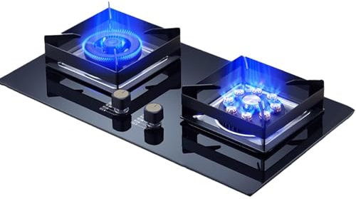 THEGA Cooker A Gas 5/5.2kW - Burner A Doppio Piano Cottura per Cottura A Gas, Hob in Gamone Incorporato in Vetro Temperato LPG/NG A Doppio Combustibile, per Cucina, Camper, Pentola da Campeggio(NG)
