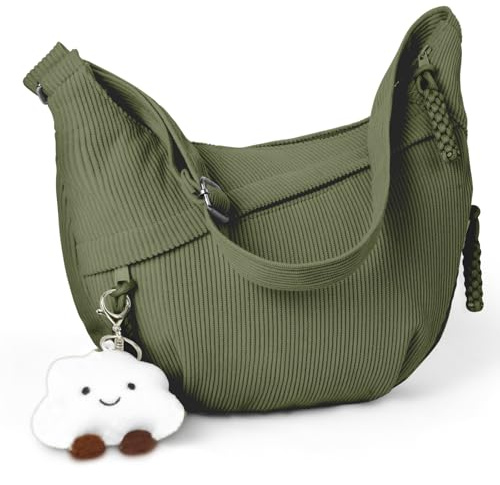 Aucuu Sac à Bandoulière, Grand Sac à Bandoulière en Velours Côtelé, Sacs à Main avec Pendentif Nuage, Sacs Hobo Large Lanière avec Sangle Ajustable pour Femme