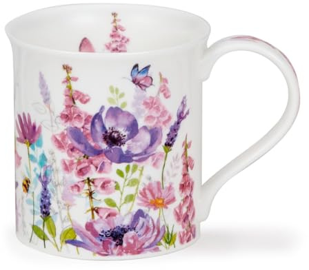 Dunoon Bute Meadow Breeze Purple 0,3 l Becher aus feinem Knochenporzellan mit lila Mohnblumen, Bienen und Schmetterlingen