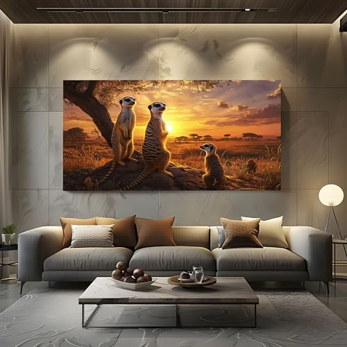 ZORYAN Wandbilder Dekoration Wohnzimmer Leinwand Bilder Afrikanisches Tier | Erdmännchen Gelb Leinwandbild Schlafzimmer Deko, Wandbilder, Groß Kunstdruck Art Wanddeko Bild Decor Canvas 70x140 cm