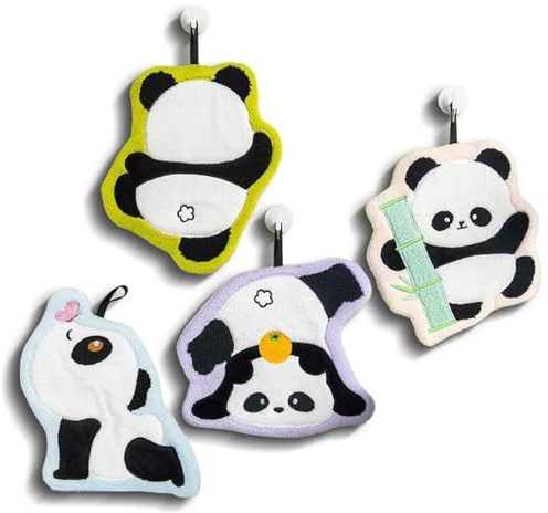 HUEYTON Panda Cartoon Hand Towel Set - Ultra Absorbent-Soft Hanging Hand Towels for Bathroom Kitchen, Fun Birthday Panda Gift for Kid Children