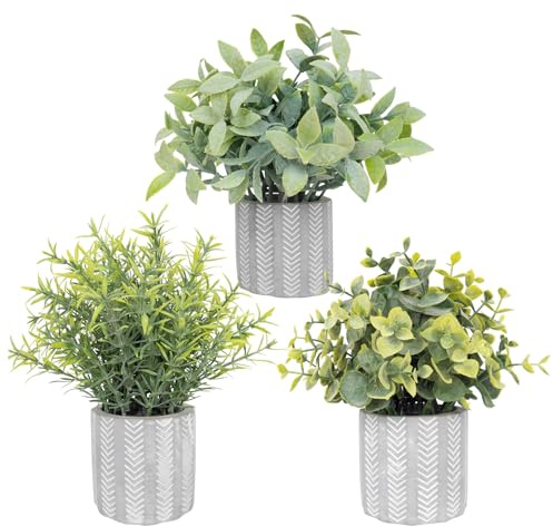 HOFMEFY Small Fake Plants in Geometry Concrete Pots Farmhouse Bathroom Decor Rustic Centerpieces for Table Decoration Shelves Faux Eucalyptus Set of 3