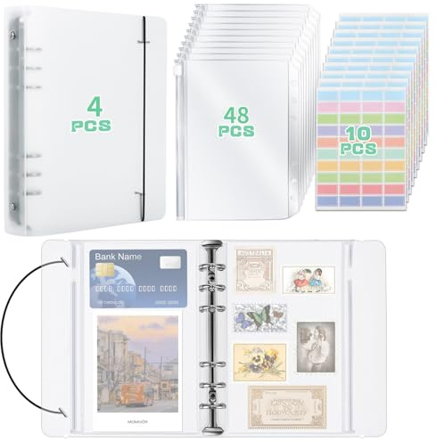 HIMOMO 4 stycken A5-ringpärmsskydd med 6 ringar, ringpärm, påfyllningsbar med 48 stycken 6 hål, PVC-bindningsväskor, transparent budgetplanerare för kontanter, kort, minne, scrapbooking