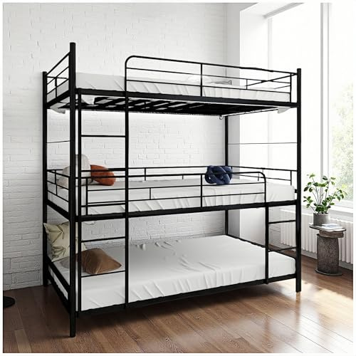 Wyibwy Cama apilable de tres niveles 90x190cm, con escalera integrada y barandillas de protección continuas, cama de hierro, adecuada para niños, adolescentes o adultos (sin colchón) (Negro)
