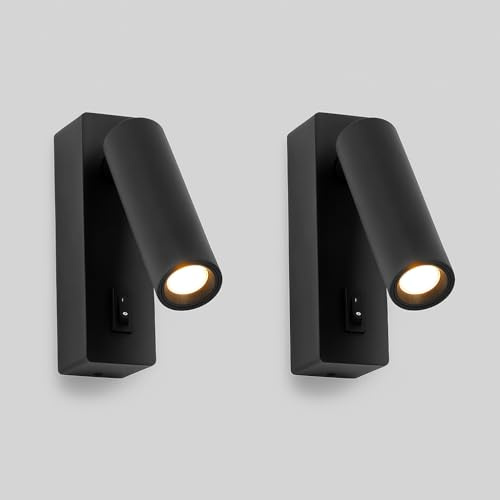Pack de 2 Apliques de Pared LED Interior 2W Orientables – Luz Cálida 3000K con Chip CREE – Lámparas de Lectura Modernas en Negro para Dormitorio, Cabecero, Hotel o Escritorio