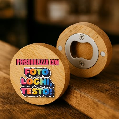 APRI BOTTIGLIA IN LEGNO BAMBOO CON MAGNETE ROTONDO PERSONALIZZATO CON LOGO TESTO PER FRIGOROFERO BAR PUB BIRRA IDEA REGALO AZIENDALE BOMBONIERA MATRIMONIO (50)