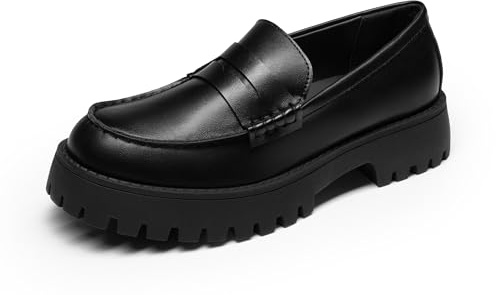 DREAM PAR Loafers för kvinnor plattform tjock penny loafer sula, bekväm dra på uppklädda vardagliga arbete affärer kontorsskor, Svart-pu, 37.5 EU