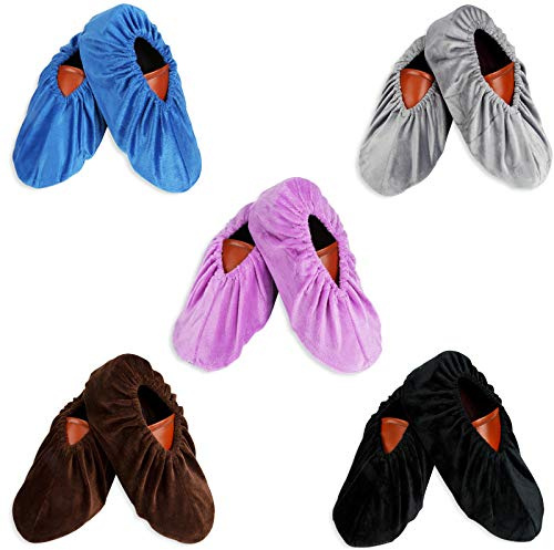 Elegrip Couvre-Chaussures Lavables, 5 Paires Anti Glisse Surchaussures Flanelle Tissu Réutilisables pour Maison Le Ménage,Bureau Informatique et Interieur (5 Couleurs)