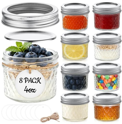 8 Pack, 4 oz Mason Jars with Leakproof Lids, Regular Mouth Mason Jars | 4 oz Glass Jars with Lids for Honey, Jam, Snacks, Spices, DIY Candles & Crafts