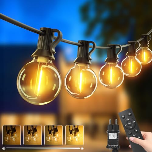btfarm Lichterkette Outdoor 30M mit Fernbedienung, Lichterkette Außen Strom | Dimmbar & Timer, Wetterfest 40+2 LED G40 Glühbirnen, 3 Modi Gartenbeleuchtung für Garten Terrasse Party Weihnachten, Warmweiß
