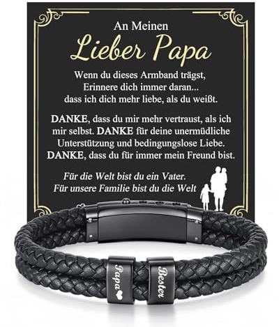 Gamtic Leder Armband Herren Geschenke für Männer - Edelstahl Verstellbare Verschluss, Schwarz Lederarmband mit Gravur Schmuck Herren Geschenk für Ihn Papa Opa Mann Sohn Bruder Enkel