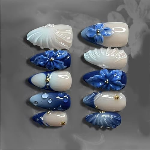 24Pcs Presses on Nails Retro Blue Lilies Bubble Stripe Pearls Art ABS Materials for Timelessly Beauty Parties False Stripe Instagrams