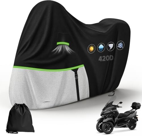 YedZen Bâche Moto Exterieur pour Piaggio MP3 400/500 avec Coffre | Impermeable 420D Oxford PU, Housse Moto Exterieur avec Trous Antivol, Bandes Réfléchissantes, Évents & Boucle Anti-Vent