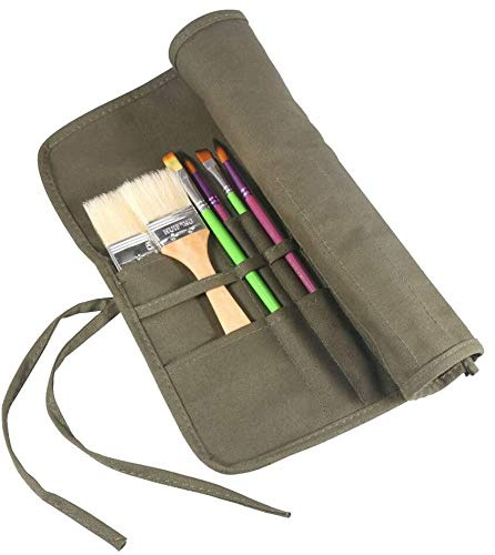 AMGOMH Estuche Enrollable Con 22 Ranuras Para Pinceles - Organizador de Brochas Para Pintura, Óleo, Acuarelas y Acrílico (Verde del Ejército)