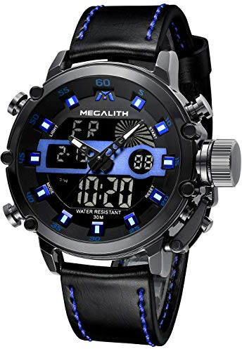 MEGALITH Digitale Orologio Uomo Sportivo: Militare Impermeabile Orologi da Polso Cronometro Allarme - Outdoor Running - Cinturino in Pelle Nero