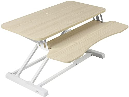 VIVO Convertitore da tavolo da 32, serie K, alzata da seduto a supporto regolabile in altezza, doppio monitor e postazione di lavoro per laptop con ampio vassoio per tastiera, piano in legno chiaro,