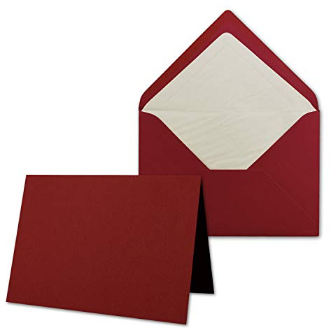 50 x Kartenpaket mit gefütterten Brief-Umschlägen - gerippt - DIN A6/C6 - Dunkelrot - 10,5 x 14,8 cm - Nassklebung - NEUSER PAPIER