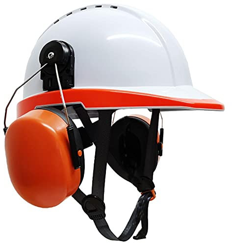 COCOCO Cappello duro con protettore dell'orecchio Casco protettivo anti-rumore Casco di sicurezza anti-impatto-Bianco arancione.