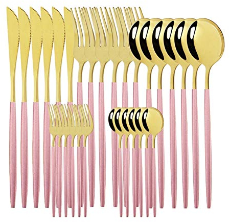 6 stücke / 30 stücke schwarz silber seewaren set edelstahl messer kuchen gabel löffel bestecke set küche geschirr einhaltsware set essgeschirr (Color : 30Pcs Pink Gold)