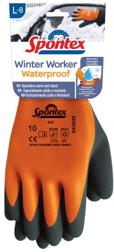 Spontex Winter Worker Waterproof Handschuhe, Wasserfeste Arbeitshandschuhe mit zweilagigem Innenfutter, hoher Kälteschutz, mit Latexbeschichtung, Größe L, 1 Paar, Orange/Schwarz