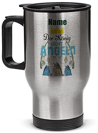 Tassendruck Edelstahl-Thermobecher selbst gestalten mit Name - Der König geht angeln - Coffee to Go Becher, Reisebecher, Geschenke für Angler, Petri Heil | Personalisiertes Geschenk, Silber, 390 ml