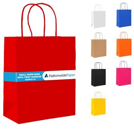 NationwidePaper Papiertüten, 50 kleine rote Papiertüten, Partytüten, Geschenktüten, DIY und Süßigkeitentüten mit gedrehten Griffen (18 x 9 x 22 cm)