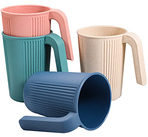 Lot de 4 tasses à café incassables en plastique avec poignées, pour pique-nique, camping, pour enfants et adultes, passent au lave-vaisselle et au micro-ondes