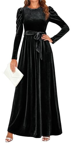 ZESICA Women's Velvet Maxi Dress Fall 2025 Long Puff Sleeve Crew Neck Elastic High Waist Cocktail Party Bridesmaid Dresses,Black,Medium