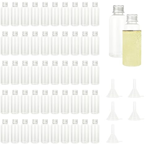 DAJAVE 50 Pack 60ml Miniature Alcohol Bottles Small Shot Bottles with Lids Mini Alcohol Bottle Empty Plastic Bottle for Wedding Favour, Parties, Travel, Parties - with Funnel