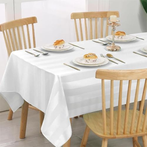 JIUZHEN Mantel de Mesa Impermeable Antimanchas con Efecto Loto, Mantel Blanco a Rayas para Exterior y Jardín, Lavable, Tamaño Rectangular 110 x 140 cm