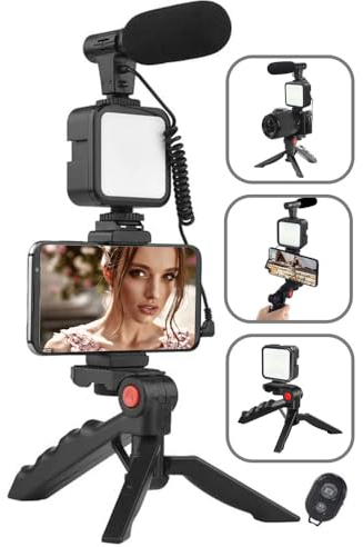 Kit video professionale per smartphone, kit Vlog per telefono, include luce LED, microfono, supporto per telefono e treppiede, compatibile con iPhone, Android, YouTube, TikTok, Vlog, Live Streaming
