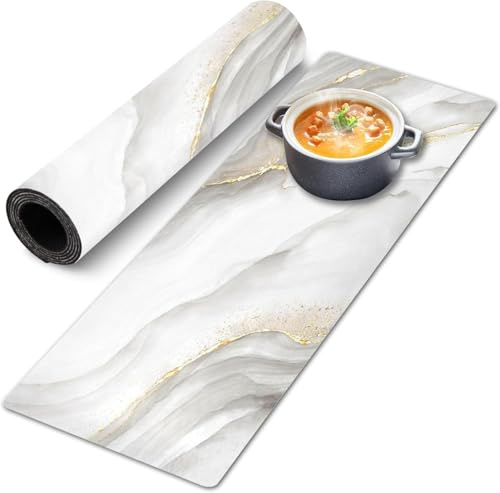 Thermo Heat Resistant Table Runner and Trivet for Hot Dishes - Waterproof Hot Plates to Protect Table and Countertop - Kitchen & Dining 350F Heat Protector 40 - White Golden Marble